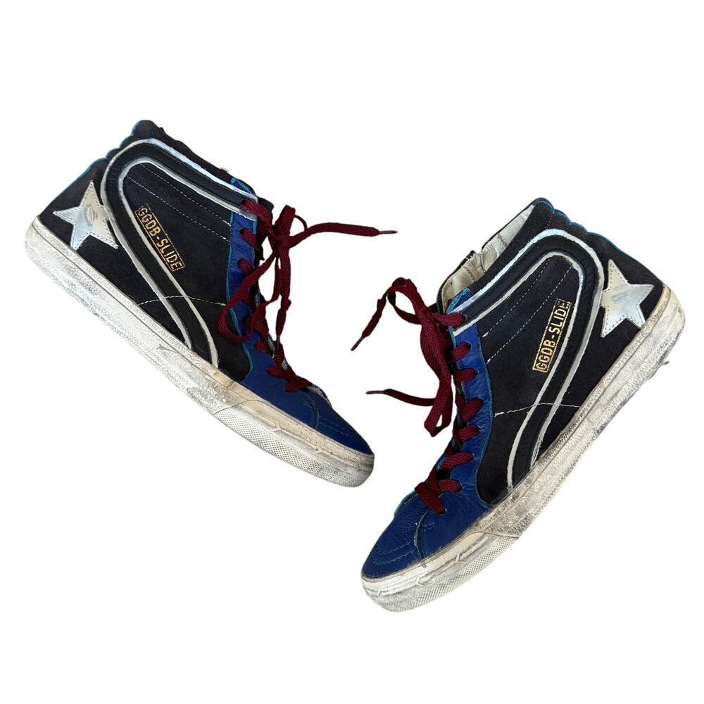 Golden Goose Blue and Black Slide Sneakers Side Zip Distressed Size 40